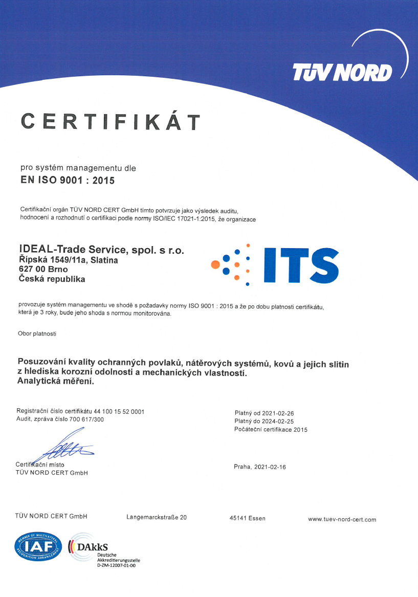 Certifikát EN ISI 9001 : 2015